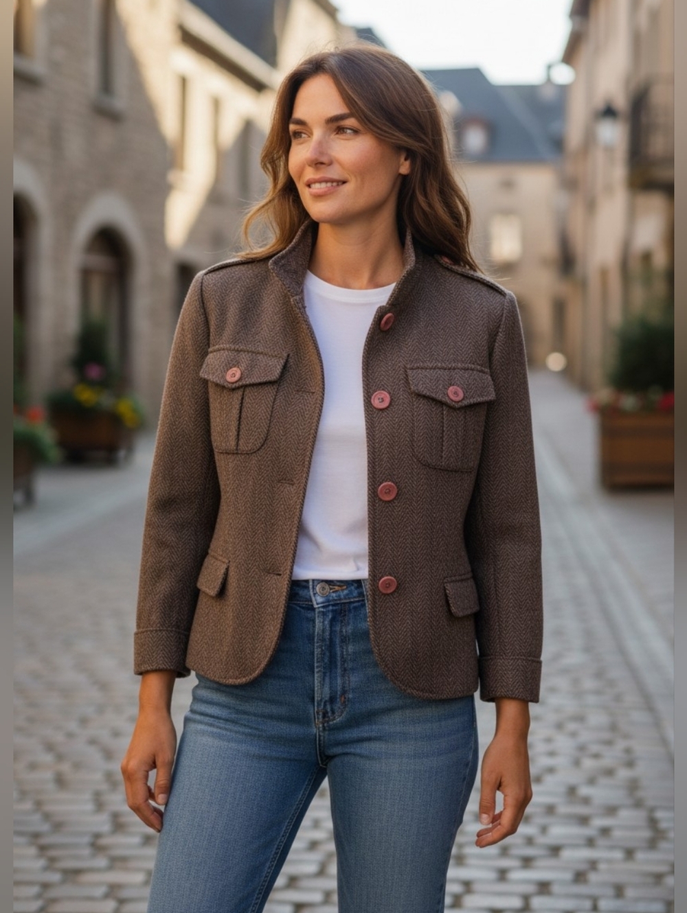 Alara Wool Blend Women's Brown Herringbone Military-Style Blazer